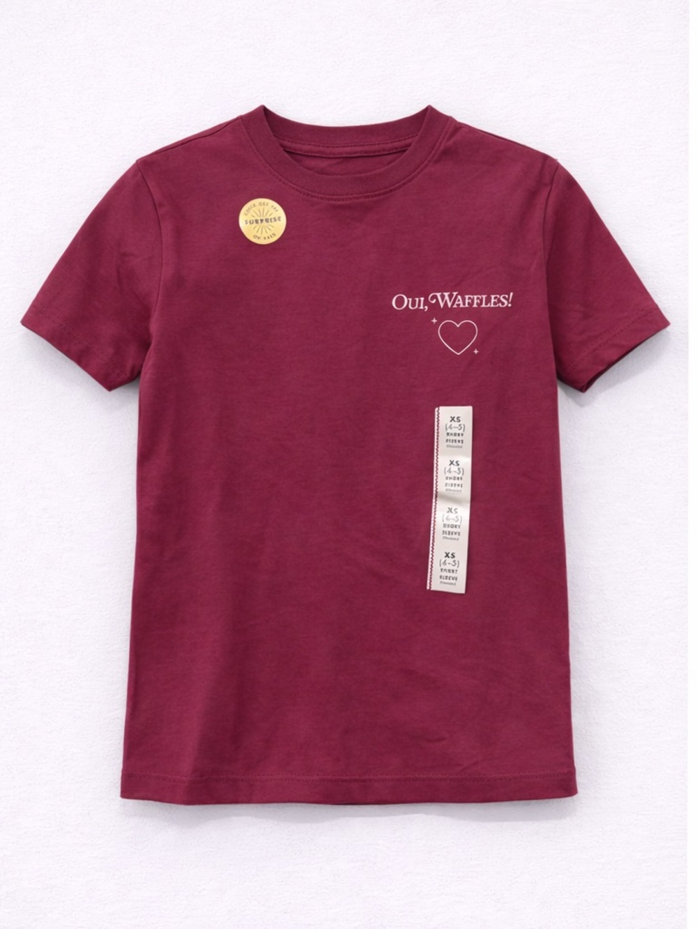 Girls “Oui, Waffles!” Graphic Tee – Burgundy – Size XS (4-5) – New